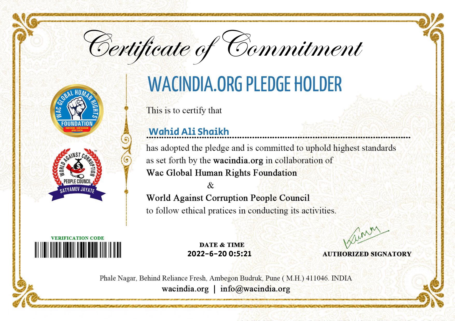 WAC India Pledge Certificate